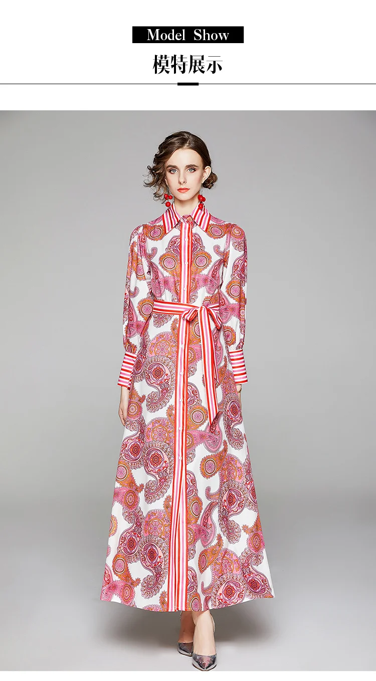 Banulin Autumn Fashion Runway Maxi Dress Womens Long Sleeve Collar Belted Gorgeous Printed Elegant Holiday Vintage Long Dress