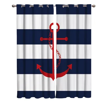 

Simple Blue White Stripes Anchor Curtains Window Living Room Curtains Kitchen Indoor Window High Blackout Curtain Thick Style