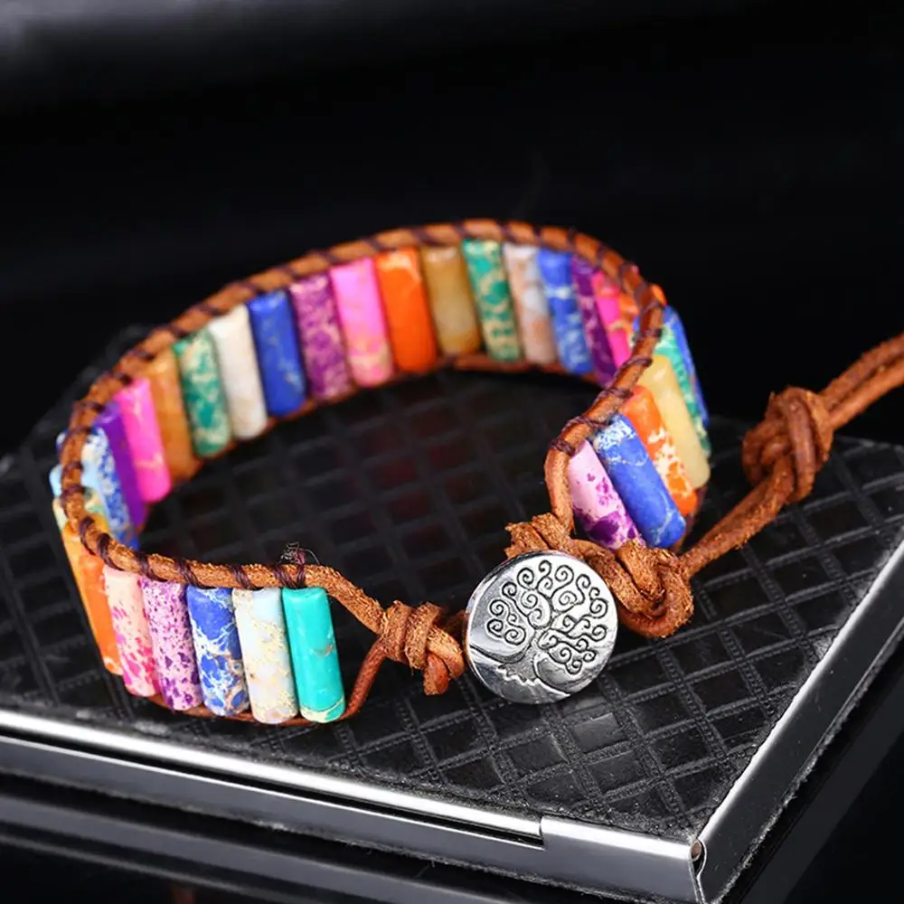 

Fashion Boho Bracelet Jewelry Handmade Multi Color Natural Stone Tube Beads Leather Wrap Bracelet Couples Bracelets Gifts