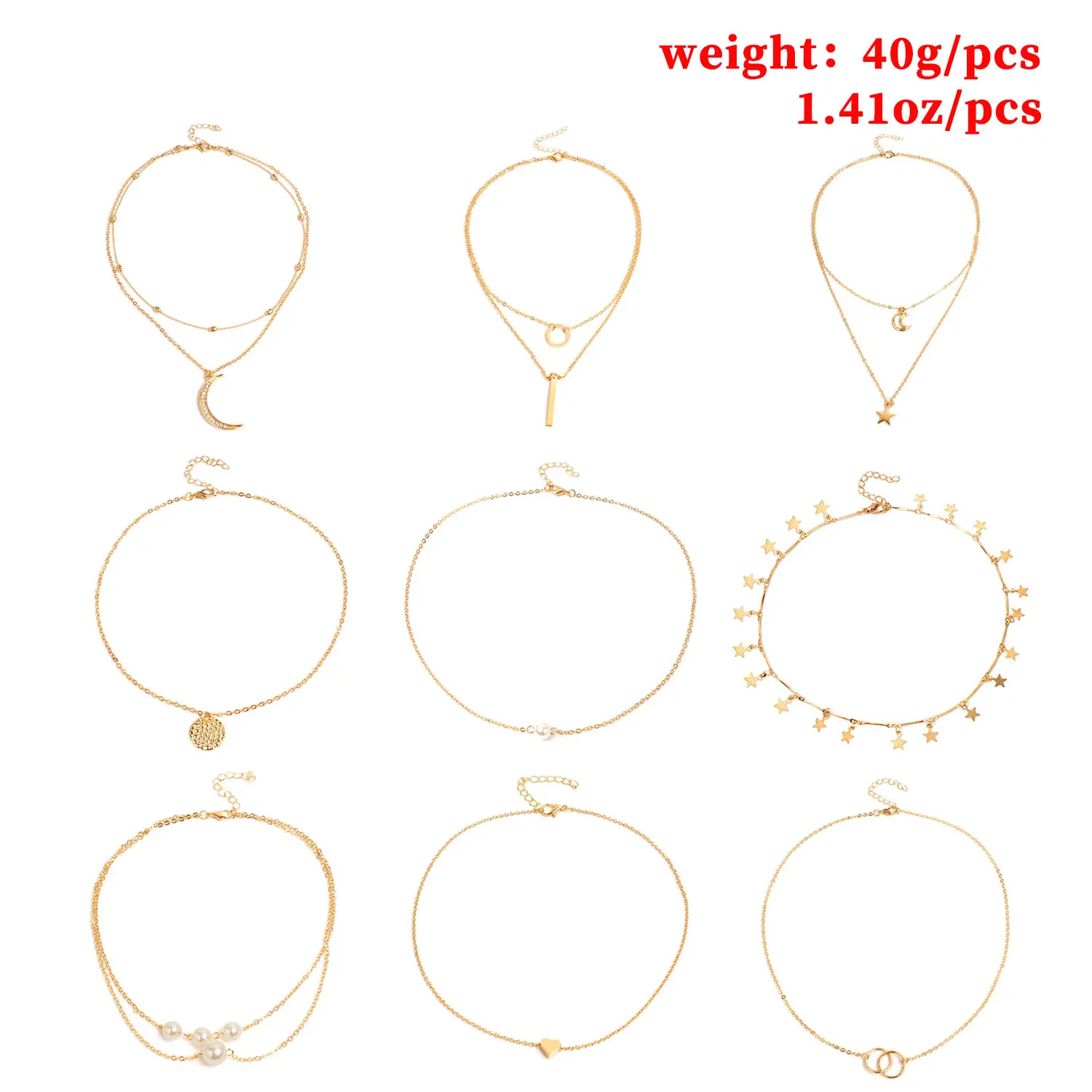 9 Pcs/ Set Simple Classic Alloy Pendant Chain Necklace Women Fashion Gold Moon Star Heart Statement Necklace