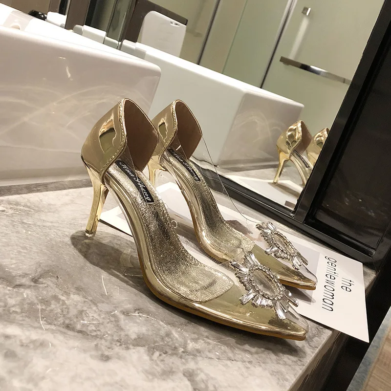 LTARTA Spring-Summer New Glass Glue Sunflower Rhinestone Buckle Transparent High-Heel Shoes Women Sexy Pumps JXQ