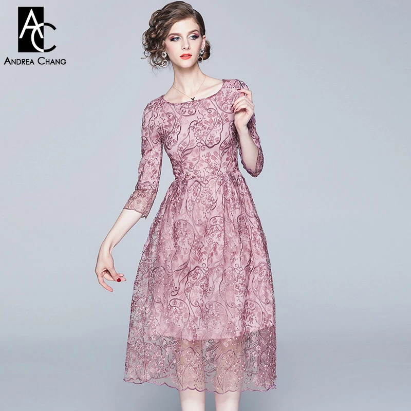 

S-XXL spring autumn woman dress vintage floral paisley pattern embroidery pink lace dress ball gown calf length cute event dress