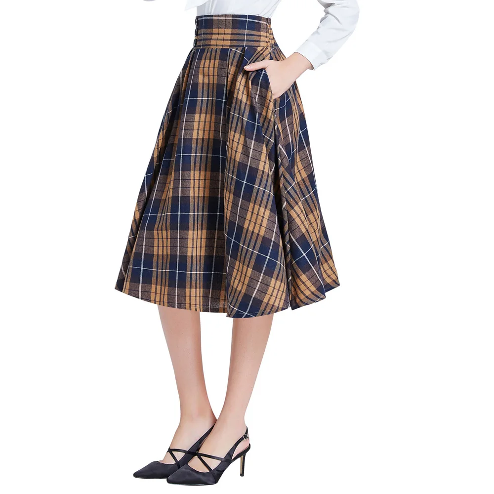 Ceny Belle Poque styl angielski 2019 jesień kobiety eleganckie spódnice w kratę kobiet plisowana wysokiej talii koreański biurowa, o średniej długości spódnica Streetwear