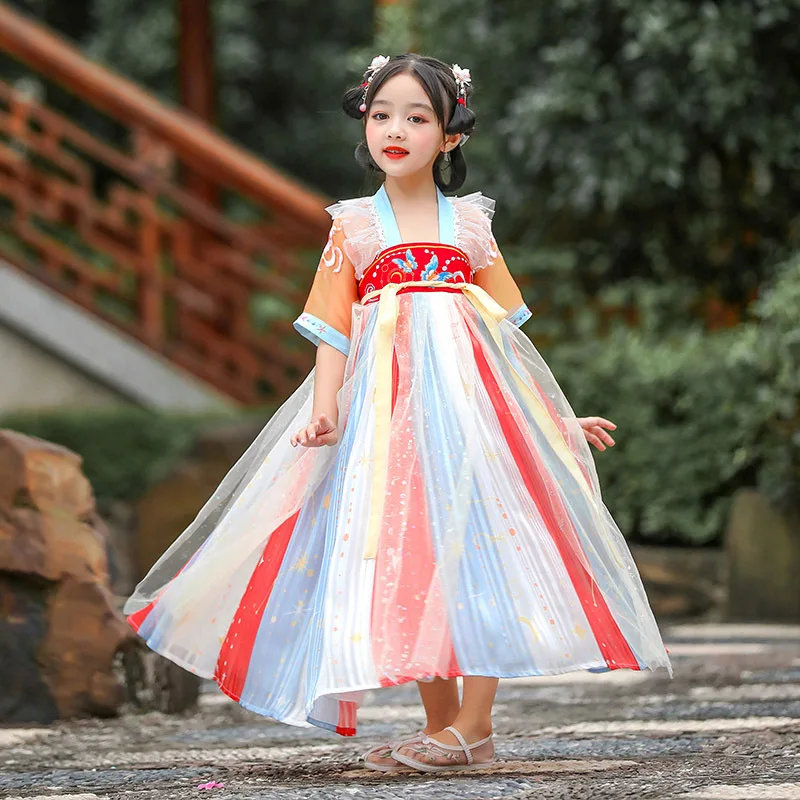 

Summer Little Girls Short Sleeve Chiffon Hanfu Chinese Style Traditional Kids Fairy Ancient Costume Children Cosplay Folk Dance