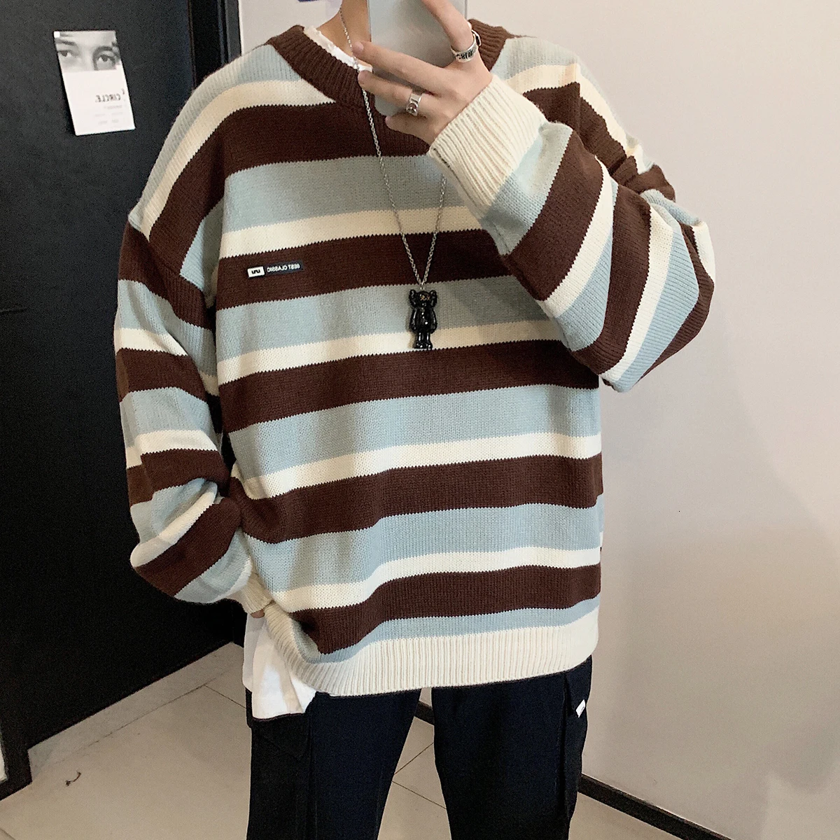 

2019 Winter Men's In Warm Coats Casual Cashmere Pullover Stripe Knitting Woolen Sweater V-neck Sleeve Single Man Knit Size M-2XL
