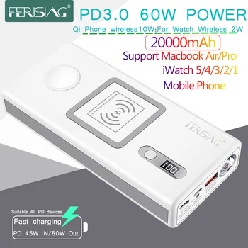 

FERISING For iWatch Macbook Wireless PD3.0 60W Fast Charger Power Bank 20000mAh for Apple Watch 5/4/3/2 iPhone External Battery