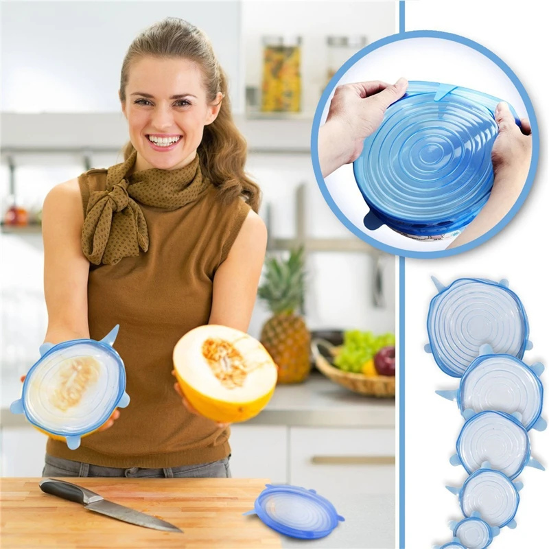 

6pcs set Silicone Stretch Lids Set Reusable Fruit Microwave Refrigerator Bowl Seal Various Sizes and Shape Cover for Bowl ACEBON