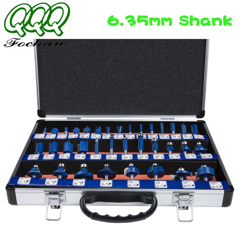QQQ 35PCS 1/4 Shank Tungsten Carbide Router Bit Set Wood Woodworking Cutter Trimming Knife Forming Milling w/ Wood Case box
