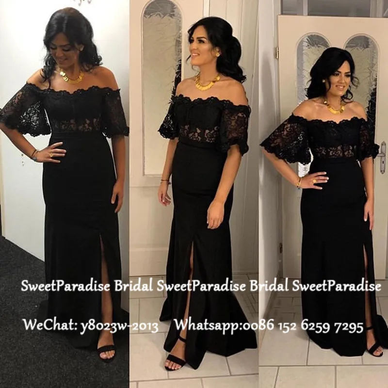 

Elegant Black Prom Dresses With With Short Sleeves Sheer Lace Off Shoulder Side Split Long Formal Evening Dress Party Gown
