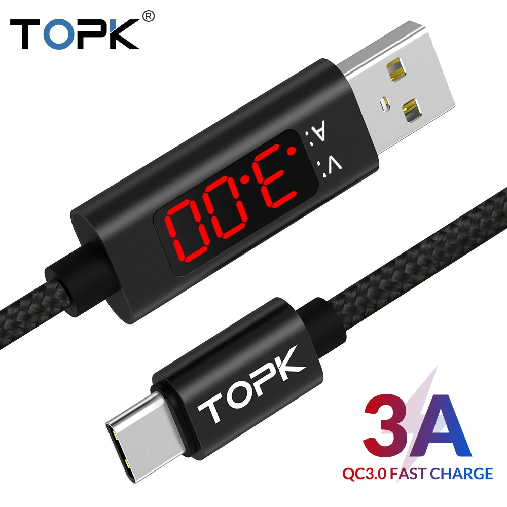 TOPK USB C Cable Fast Charging Type C Cable Voltage& Current Display Data Type-C Cable for Samsung S9 Xiaomi redmi note 10 8