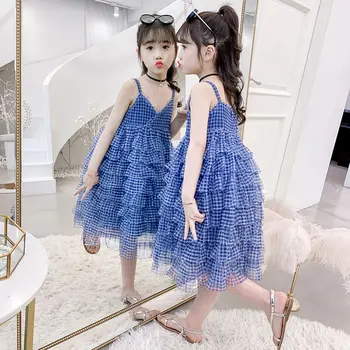 

Girl Slip dress Foreign style dress Thin cloth Plaid summer Fairies Princess Dresses Little girl lotus leaf dress Birthday party
