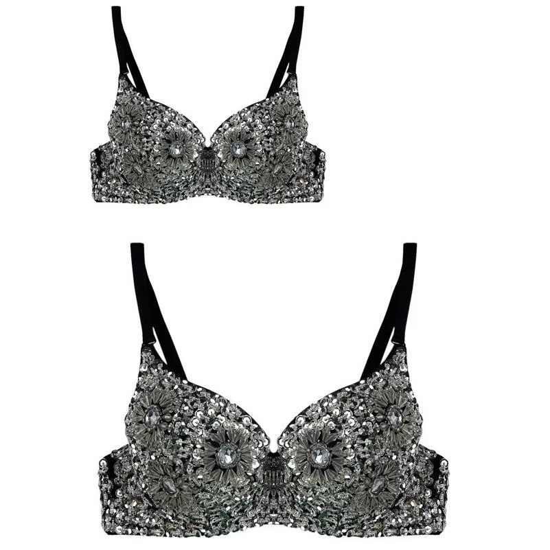 feecolor Sexy Women's Beaded Sequins Embellished Chrysanthemum Bra Belly Dance Underwear