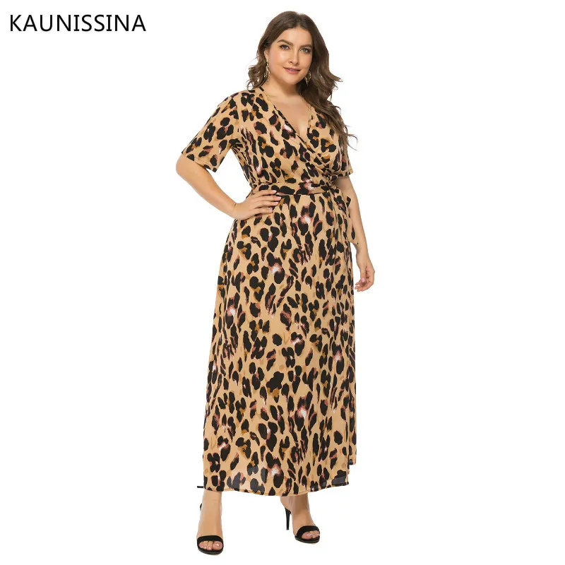 

KAUNISSINA Plus Size Evening Gown Floral Print Party Dress Short Sleeve V-neck Elegant Formal Prom Dress Real Photo