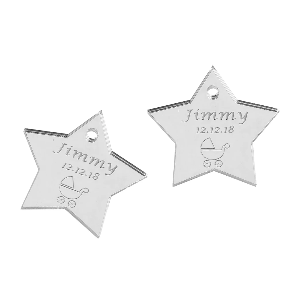 100 шт Персонализированные Выгравированные любовь звезда стол центровальные бирки детский душ Декор крестины день рождения подарок сувениры - Цвет: Silver ith Hole