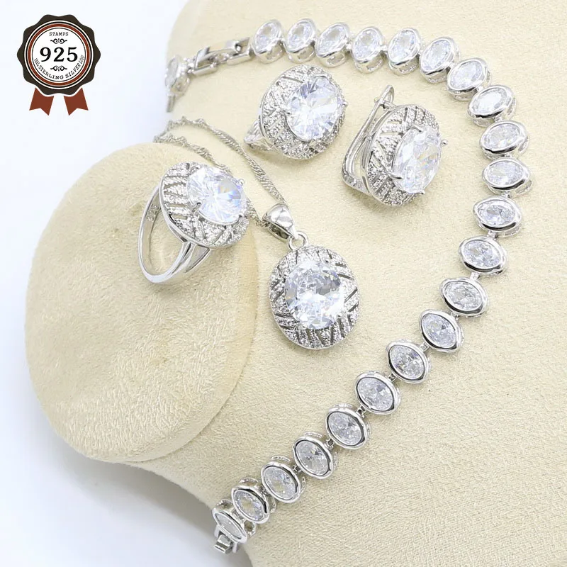 

Oval White Zircon 925 Sterling Silver Jewelry Set for Women with Bracelet Hoop Earrings Necklace Pendant Ring Birthday Gift