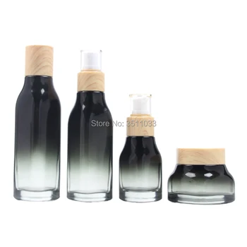 

Wooden Grain Cap Gradient Black Glass Refillable Lotion Pump Bottle Square Cosmetic Emulsion Spray Bottle 50g Empty Cream Jar