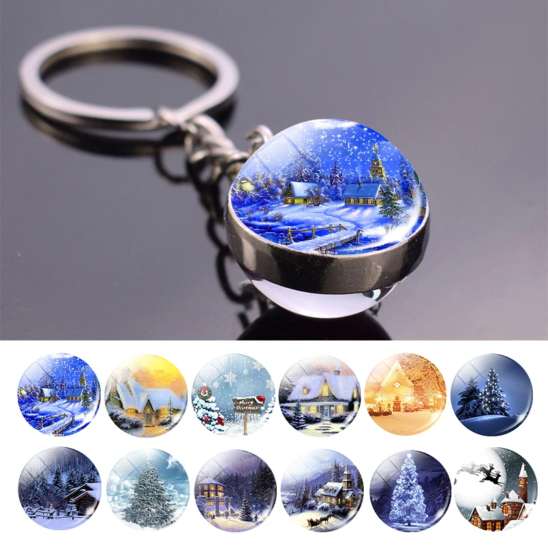 Snow House Keychain Double Sides Christmas Tree Glass Ball Key Chain Car Keyring Gift | Украшения и аксессуары