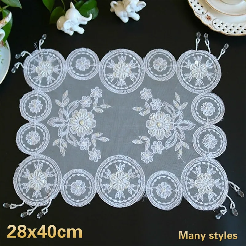 

European Lace Embroidery Beaded Pendant Rectangular Placemat Tableware Cup Dessert Fruit Dust Cover Coaster Christmas Decoration