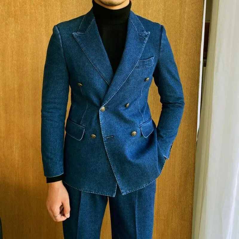 

Business Men Suits Tailor-Made 2 Pieces Men's Denim Jackets Blazer Casual Jeans Cotton Coats Pants Cowboy Prom Suits