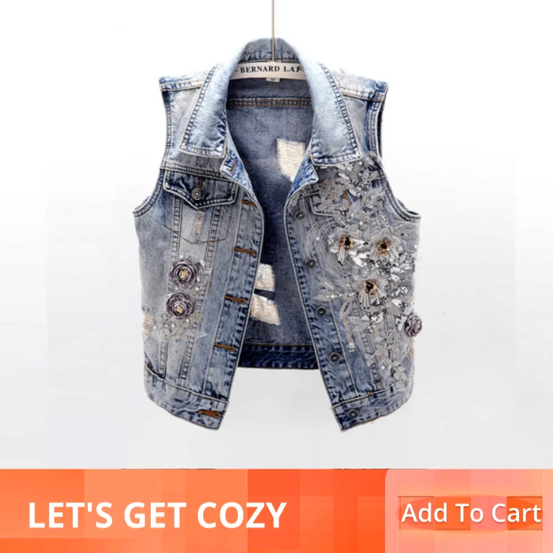

Heavy Embroidery Flower Jeans Vests Women Spring and Autumn Korean Slim Women Sleeveless Coats Streetwear Jeans Jacket Femme