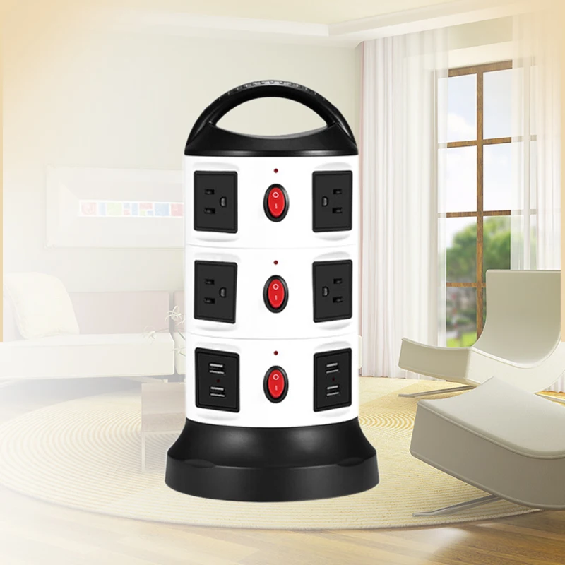 

10A 2500W Smart Socket Vertical Row Plug Multi 3 Layers 4 USB Sockets Power Strip US Plug British Standard American Standard