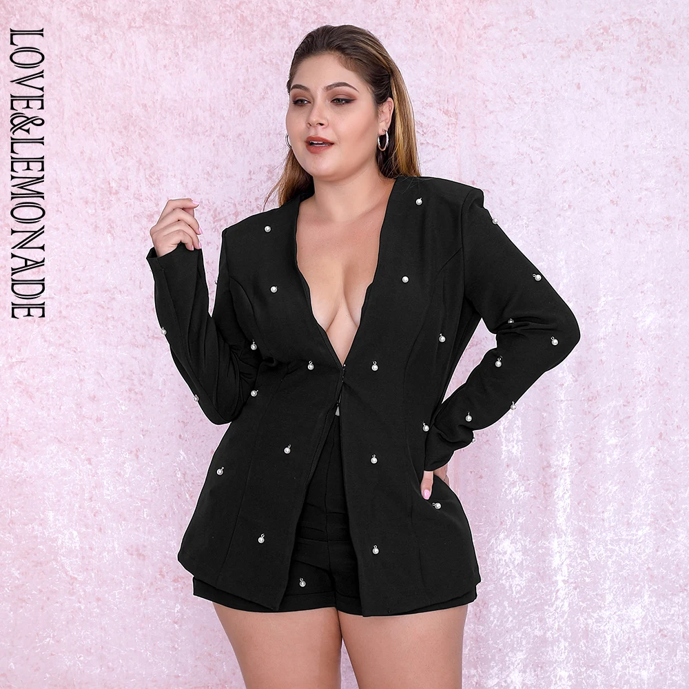 

LOVE&LEMONADE PLUS SIZE Sexy Black V-Neck Beaded Two-Pieces Set LM80316PLUS