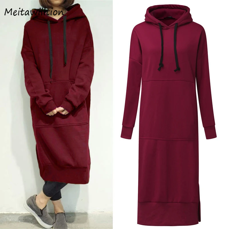 

2019 Autumn Winter Long Women Sweatshirt Dress Ladies Long Sleeve Casual Hoodies Dress Female Fleece Loose Plus Size Maxi Dress