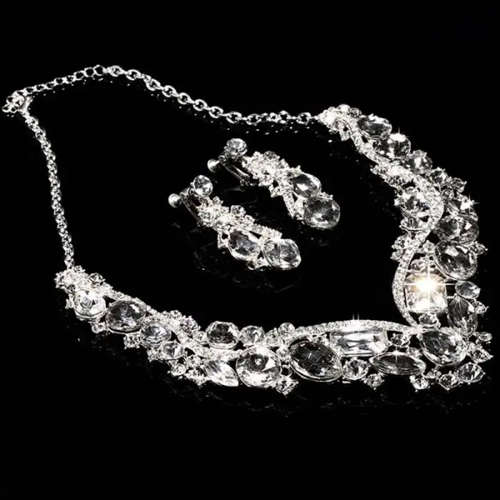FORSEVEN 2pcs Jewelry Sets Simple Crystal Pendant Necklace Set Earrings Exquisite Party Anniversary Wedding Dress Accessories JL
