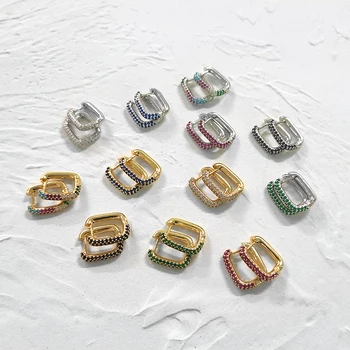 Peri'sBox Gold Silver Color U Shape Colorful CZ Stone Earrings Mixed Geometric Earrings for Women Minimalist Small Hoop Earrings