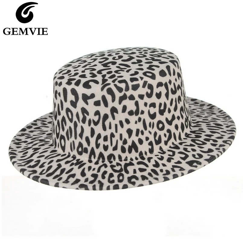

GEMVIE Wide Brim Leopard Print Flat Crown Wool Soft Fedora Felt Hat For Women New Fashion Warm Autumn Winter Jazz Cap