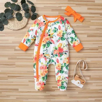 Baby Clothes Autumn Winter Baby Clothes Girls Sets Clothes Floral Zipper Romper Jumpsuit With Headband детская одежда Ropa Bebe 1