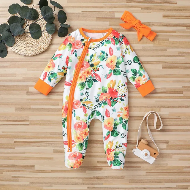 Baby Clothes Autumn Winter Baby Clothes Girls Sets Clothes Floral Zipper Romper Jumpsuit With Headband детская одежда Ropa Bebe 1