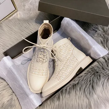 

Lace Up Knight Boots Winter Shoes Woman 2020 Hot Round Toe Botas Mujer Patchwork Gingham Ankle Botines Cross-tied Chelsea Boots