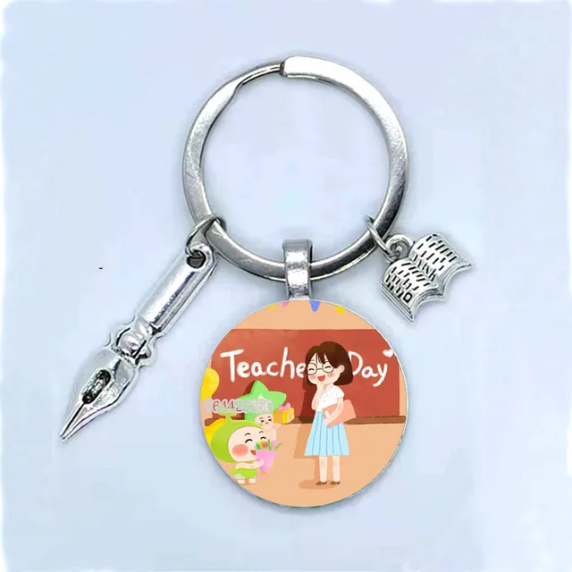 Fashion New Dear Teacher Round Glass Keychain Handmade DIY Book Pen Decoration Pendant Keychain Teacher'S Day Gift Souvenir 15
