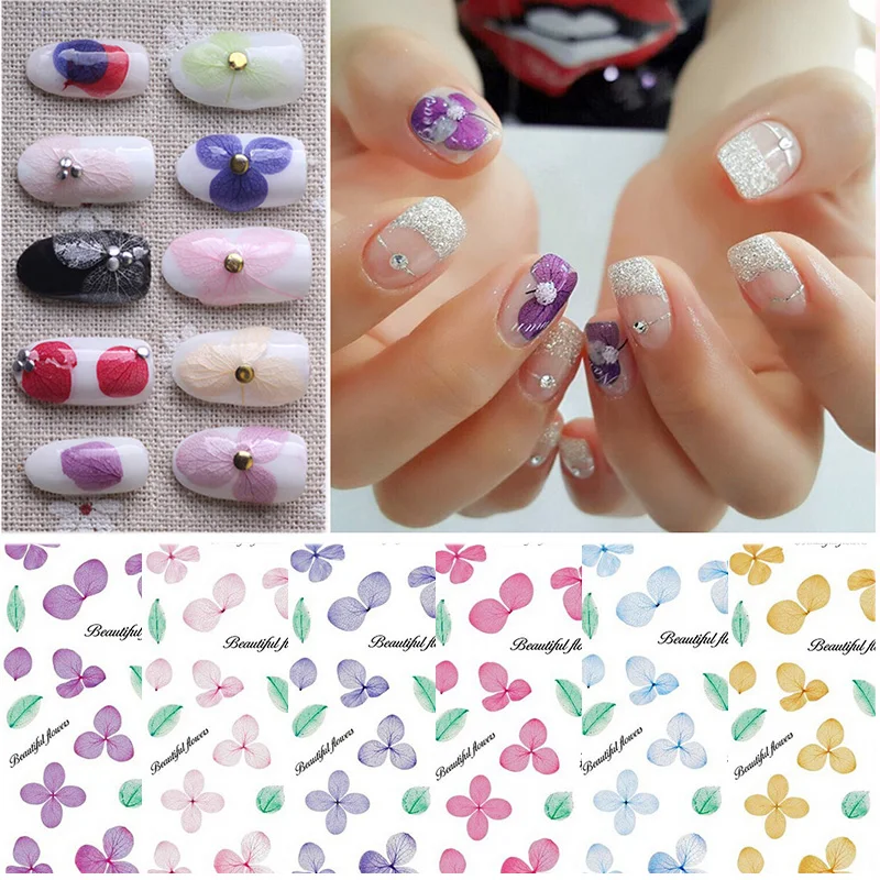 

Dried Flowers Leaf 3D Nail Stickers Natural Floral 6 Patterns Colorful Design Transfer Decals Beauty Nail Art DIY Decorations