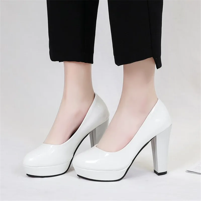 

Size34-42 Patent Leather Platform Heels Women Thick Heel Shoes Black Pumps Zapatos Mujer Color Nude White Platform High Heels