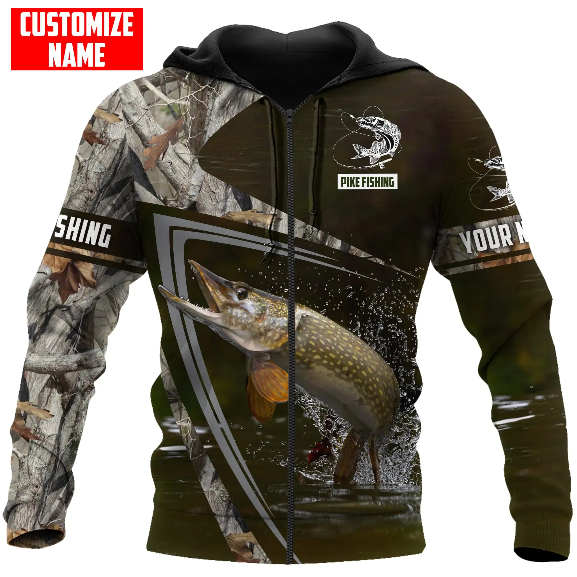 Custom Name Pike Fisherman Fishing 3D Printed Men's Hoodie & Sweatshirt Autumn Unisex Zip Hoodies Casual sportswear KJ847