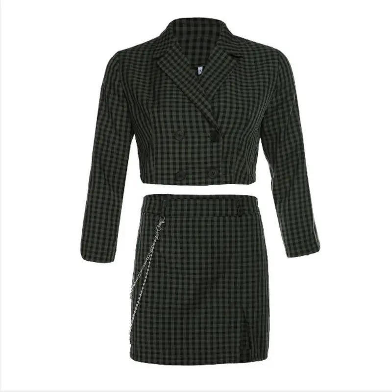 

Plaid Print Women Two Piece Set Top And Skirt Green Turtleneck Two Button Blazer And Skirt Set A Line Skirts Elegant