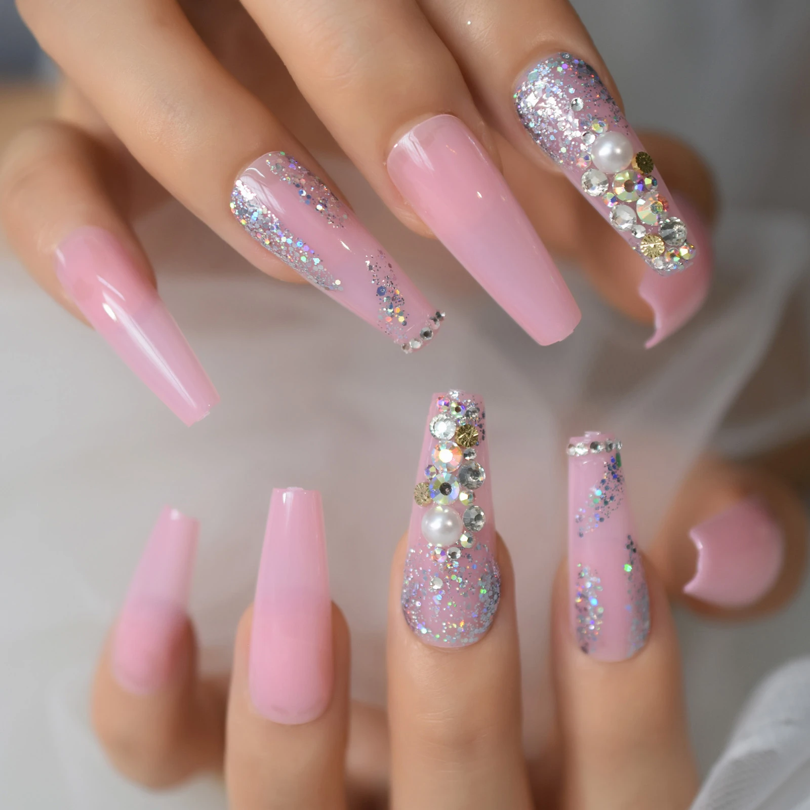 Uñas postizas Extra largas para mujer, con diamantes de imitación, perlas,  purpurina, color rosa, uñas acrílicas brillantes, para ataúd y bailarina| Uñas postizas| - AliExpress