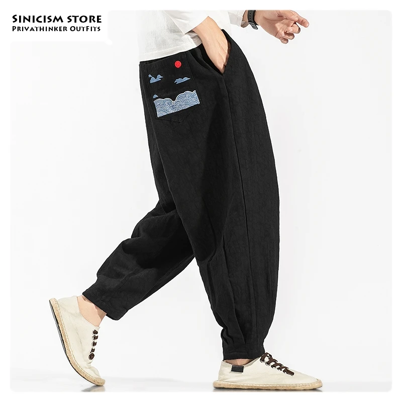 Sinicism Store мужские хлопковые льняные брюки в китайском стиле, мужские свободные широкие шаровары, мужские осенние модные штаны с вышивкой, s