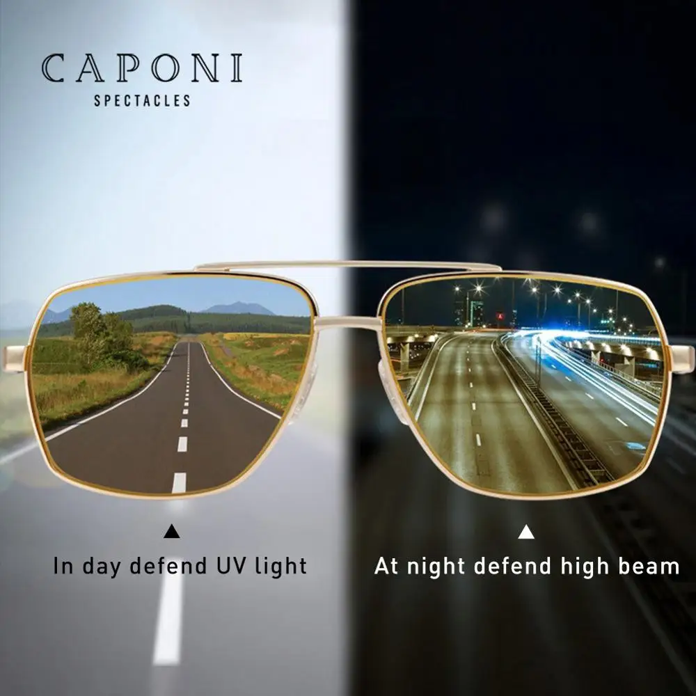 

CAPONI Original Brand Sunglasses Photochromic Polarized Eyewear Square Metal Night Vision Driving Sun Glasses Men UV400 BSYS8002