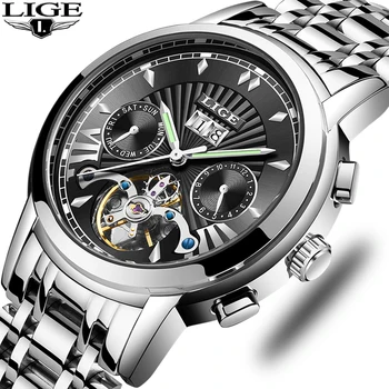 

LIGE Silver grey luxury Automatic Mechanical Tourbillon Men Watch Business Watch Men Waterproof Male Wristwatch reloj hombre