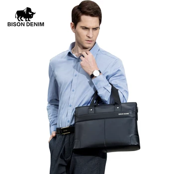 

Bison Denim Genuine Leather Briefcase Business Travel Bag Male 14 inch Laptop Handbag Casual Shoulder Crossbody Bag Messenger