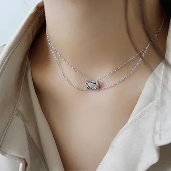 

Silvology 925 Sterling Silver Rhombus Grid Charm Necklace Double Layer Chain French Pendant Necklace for Women Festival Jewelry
