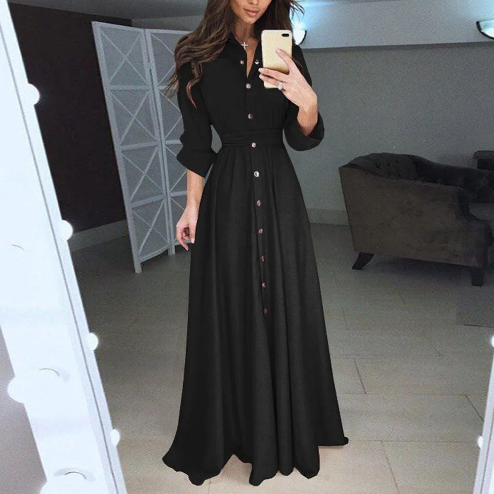 Sexy Lapel Maxi Dress Womens Casual 