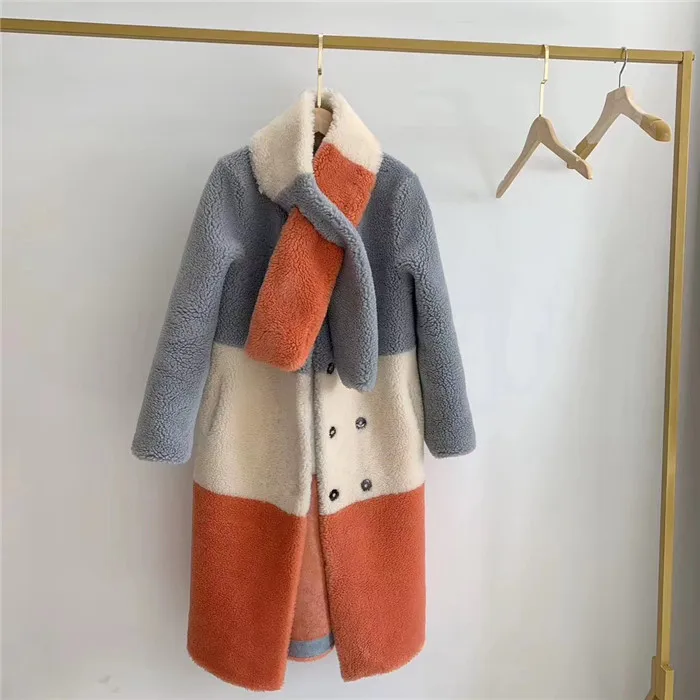 Зимняя женская куртка из овечьей шерсти, длинное пальто, женская меховая куртка с поясом - Цвет: orange