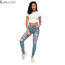 KANCOOLD Плюс Размер Женская мода разрушенный твердый модный карман Дикий Тонкий обтягивающий прилегающий шнурок джинсовые шаровары джинсы брюки