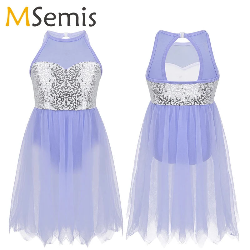 

Girls Sequin Ballet Dress Sleeveless Cutout Back Leotard Dress for Lyrical Modern Contemporary Ballroom Lyrical Dance Costume