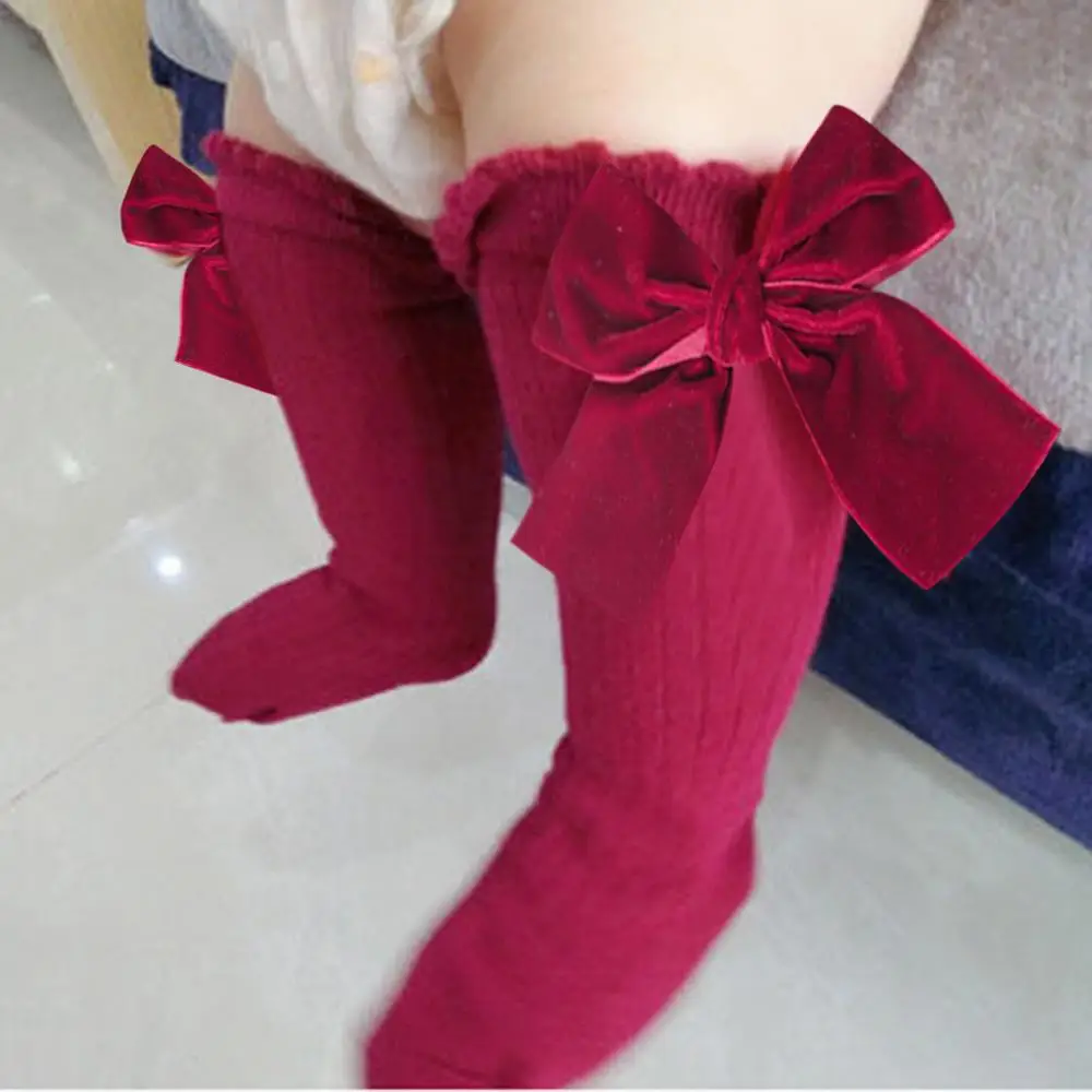Wine socks kids Носки для малышей; Новые Гольфы с большим бантом для маленьких девочек; мягкие хлопковые кружевные детские носки; Одежда для маленьких девочек; носки - Цвет: Wine socks kids