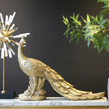 

76cm European Creative Gold Peacock Art Sculpture Animal Lucky Bird Figurine Resin Crafts Desktop Decorations For Home R3627